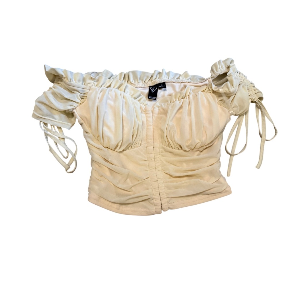 Windsor Cream Off Shoulder Mesh Ruched Crop Top Sweetheart Neck Tie Sleeve Small